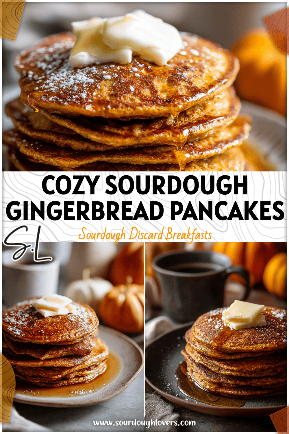 Stack of golden sourdough gingerbread pancakes topped with butter and syrup beside pumpkins.